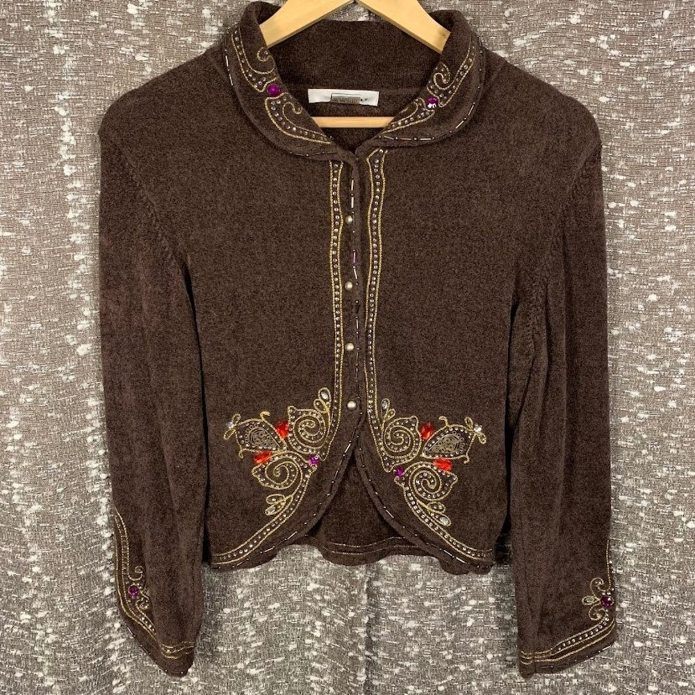 WD NY Brown Cardigan Embroidered Beaded Sweater Boho Whimsigoth Womens XL
